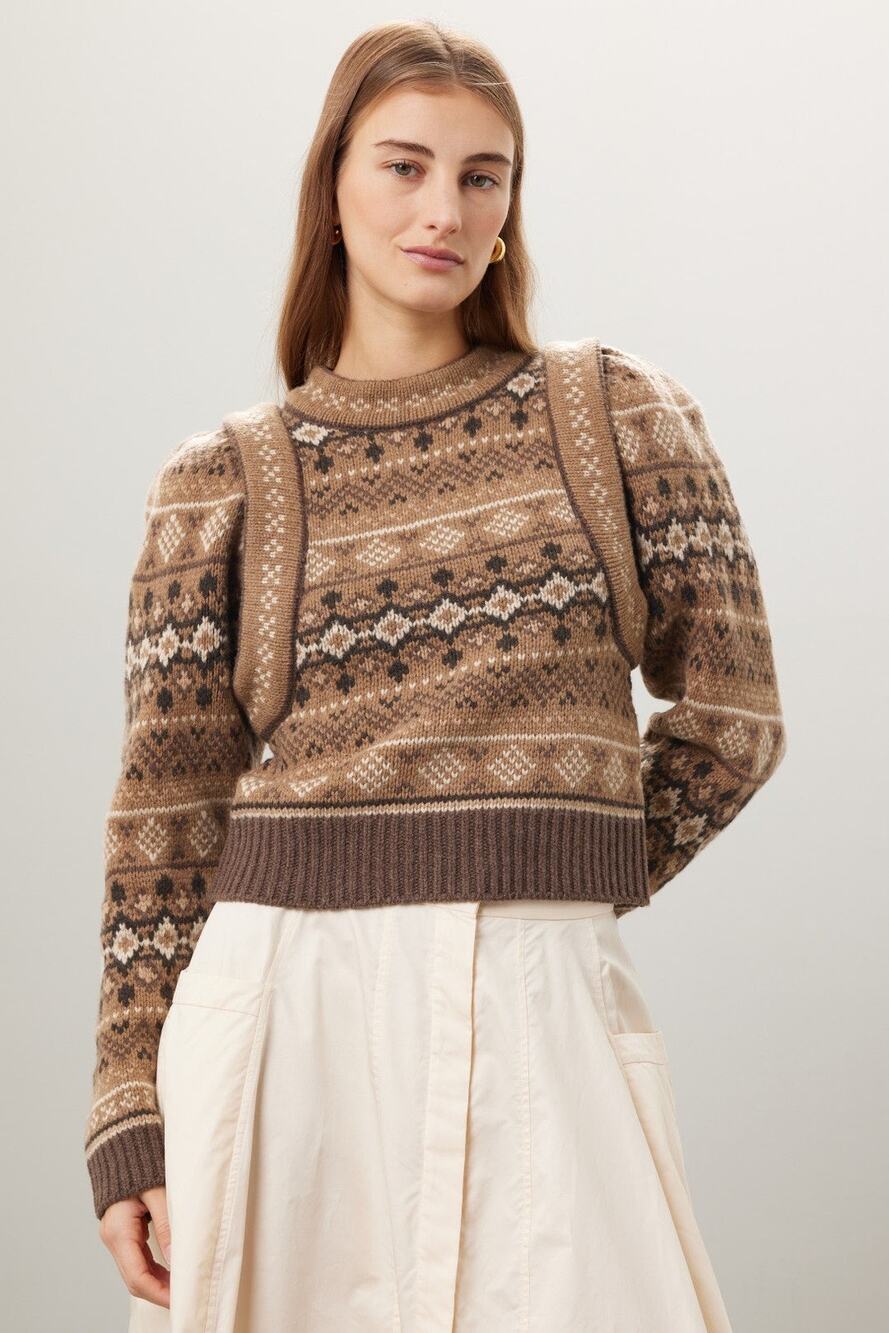 SEA NEW YORK Brown 100% Wool Fair Isle Knit Long Sleeve Sweater Finja sz XS